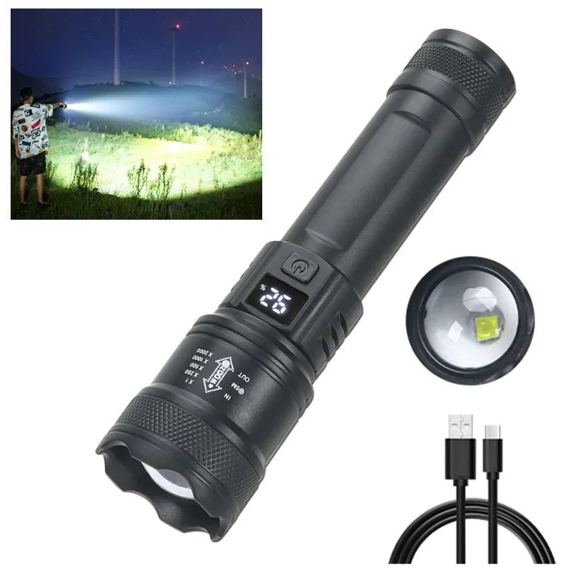 High Strong Power Led Flashlights 2000LM Tactical Torch with Display Light USB Charging Camping Fishing Emergency Zoom Lantern - flohmarkt-deutschland.shop