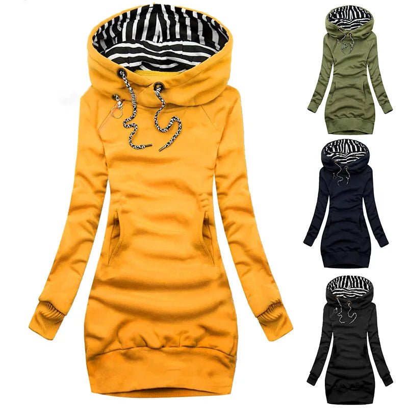 Hoodie Dress Casual Solid Colour Long Sleeve Drawstring Hoodie Dress Slim Hooded Pullover Sweatshirt Dress - flohmarkt-deutschland.shop