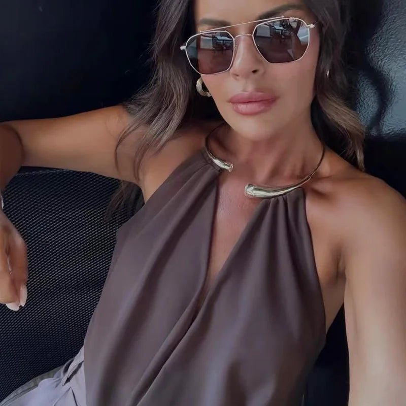 HXAO Brauner Neckholder-Body für Damen, Sommer-Bodys für sexy Frauen, schulterfrei, ärmellos, Tanga-Body mit offenem Rücken, Rave-Body - flohmarkt-deutschland.shop