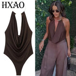 HXAO Brauner Neckholder-Body für Damen, Sommer-Bodys für sexy Frauen, schulterfrei, ärmellos, Tanga-Body mit offenem Rücken, Rave-Body - flohmarkt-deutschland.shop