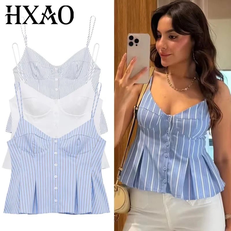 HXAO Gestreiftes Slip-Top für Damen, Sommer, 2022, sexy Crop-Korsett, Tanktops und Camis, ärmelloses, rückenfreies Top für Damen, modisches, lässiges Leibchen - flohmarkt-deutschland.shop