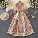 Jamerary Sommer Bohemian Blumen Midi Kleider Frauen kurze Puff Ärmel Kreuz V-Ausschnitt Blumen druck Bandage Schnür Robe lange Vestido - flohmarkt-deutschland.shop