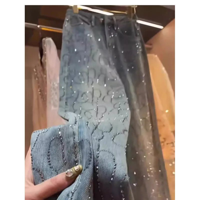 Jeans Frauen Denim Breite Bein Hosen Diamanten Hohe Taille Taschen Bodenlangen Distressed Gewaschen Gerade Hosen Streetwear - flohmarkt-deutschland.shop