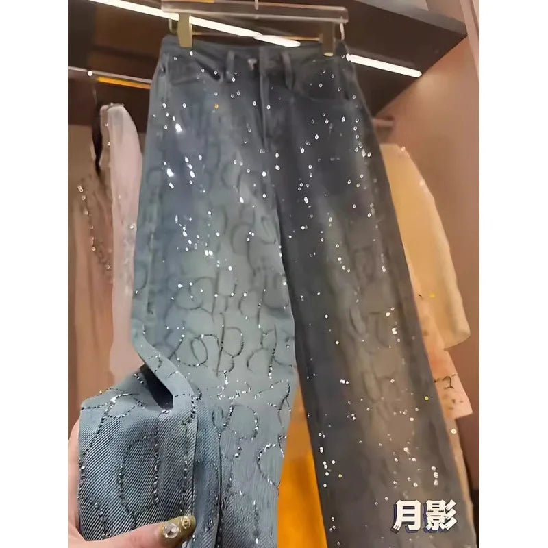 Jeans Frauen Denim Breite Bein Hosen Diamanten Hohe Taille Taschen Bodenlangen Distressed Gewaschen Gerade Hosen Streetwear - flohmarkt-deutschland.shop