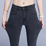 Jeans für Frauen Mom Jeans Blau Grau Schwarz Frau Hohe Elastische Stretch Jeans Weibliche Gewaschene Denim Skinny Bleistift Hosen - flohmarkt-deutschland.shop