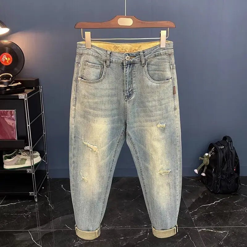 Jeans für Herren Frühling und Herbst, kleine zerrissene Jeans, Herren-Vintage-Hosen, trendige Marke, Harlan-Männerkleidung, Streetwear-Kleidung - flohmarkt-deutschland.shop
