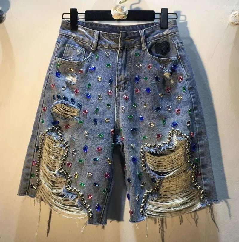 Jeans Hole Shorts Women Summer 2025 Short Pants High Waist Stretch Distressed Washed Diamonds Streetwear Straight Denims - flohmarkt-deutschland.shop