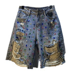 Jeans Hole Shorts Women Summer 2025 Short Pants High Waist Stretch Distressed Washed Diamonds Streetwear Straight Denims - flohmarkt-deutschland.shop