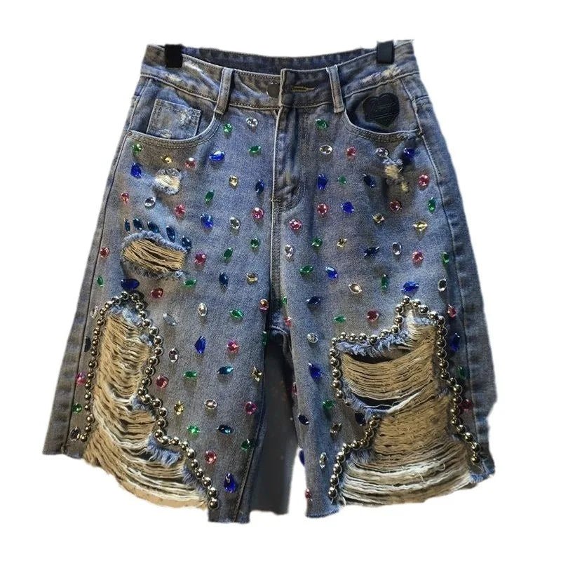 Jeans Hole Shorts Women Summer 2025 Short Pants High Waist Stretch Distressed Washed Diamonds Streetwear Straight Denims - flohmarkt-deutschland.shop