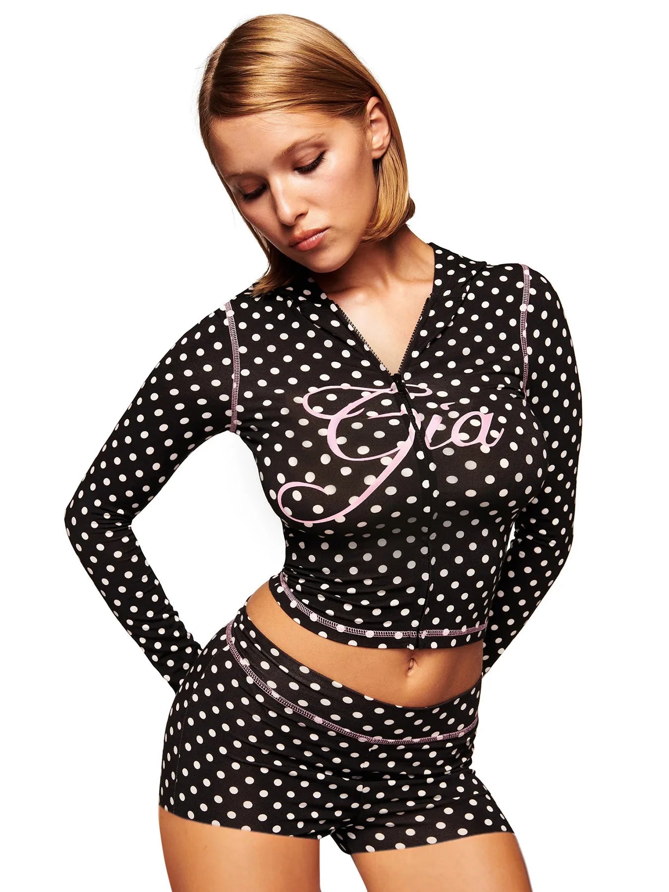 Joskaa Dot Print Tracksuit Set Women Long Sleeve Crop Top Bodycon Shorts 2 Piece Outfit Y2K Aesthetic Streetwear Party Clubwear - flohmarkt-deutschland.shop