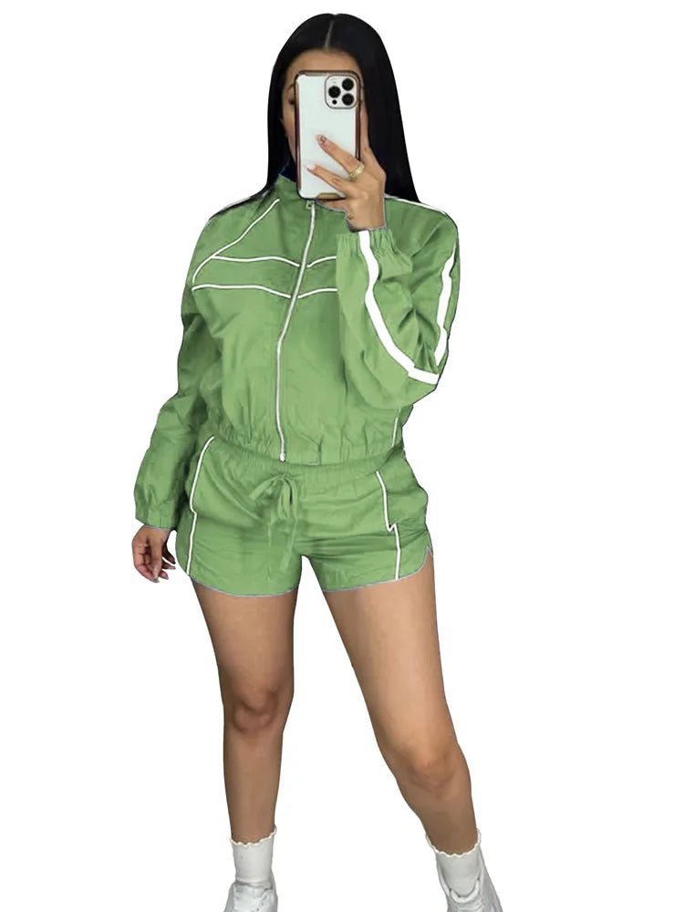 Joskaa Striped 2 Piece Set For Women Casual Full Sleeve Zip Crop Long Sleeve Jacket + Drawstring Shorts Matching Tracksuits - flohmarkt-deutschland.shop