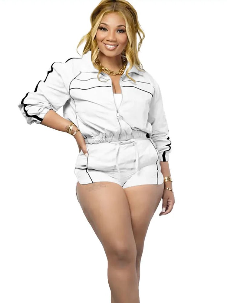 Joskaa Striped 2 Piece Set For Women Casual Full Sleeve Zip Crop Long Sleeve Jacket + Drawstring Shorts Matching Tracksuits - flohmarkt-deutschland.shop