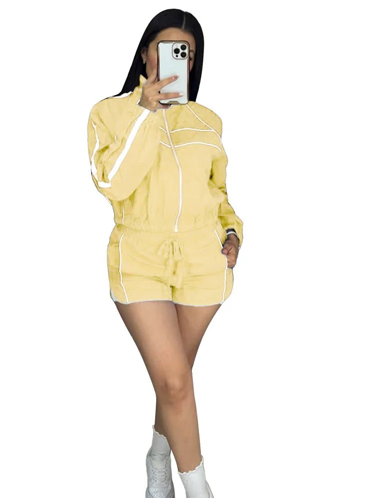 Joskaa Striped 2 Piece Set For Women Casual Full Sleeve Zip Crop Long Sleeve Jacket + Drawstring Shorts Matching Tracksuits - flohmarkt-deutschland.shop