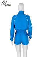 Joskaa Striped 2 Piece Set For Women Casual Full Sleeve Zip Crop Long Sleeve Jacket + Drawstring Shorts Matching Tracksuits - flohmarkt-deutschland.shop