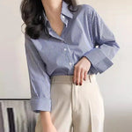 Klassische Gestreifte Frau Frühling Herbst Blusen Hemd Dame Lange Laterne Hülse Stehkragen Lose Blusas Tops - flohmarkt-deutschland.shop