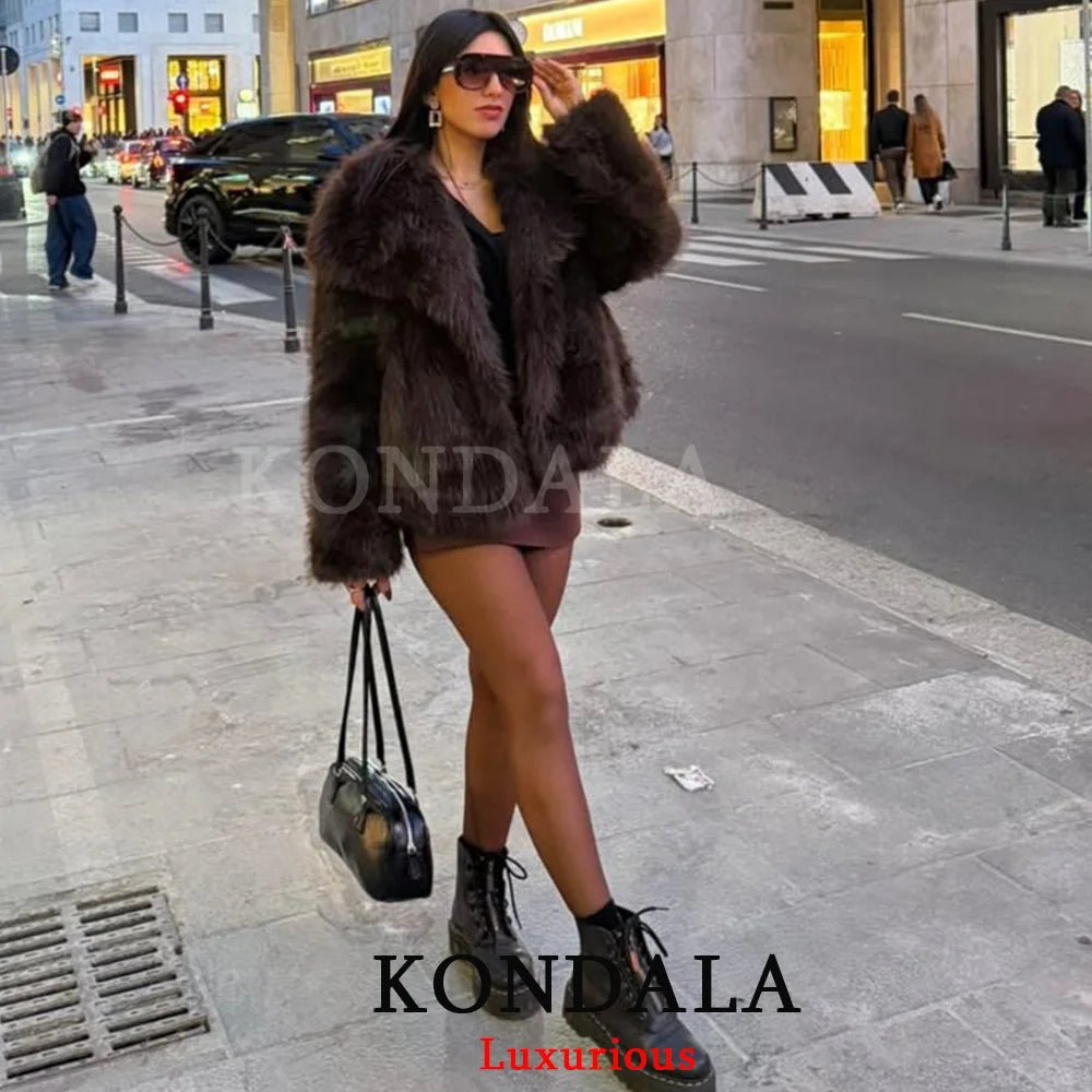 KONDALA Casual Braun Dickes Fell Jacken Frauen Langarm V-ausschnitt Herbst Winter Faux Pelz Mäntel Mode 2025, Streetwear Outwears - flohmarkt-deutschland.shop