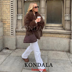 KONDALA Casual Braun Dickes Fell Jacken Frauen Langarm V-ausschnitt Herbst Winter Faux Pelz Mäntel Mode 2025, Streetwear Outwears - flohmarkt-deutschland.shop