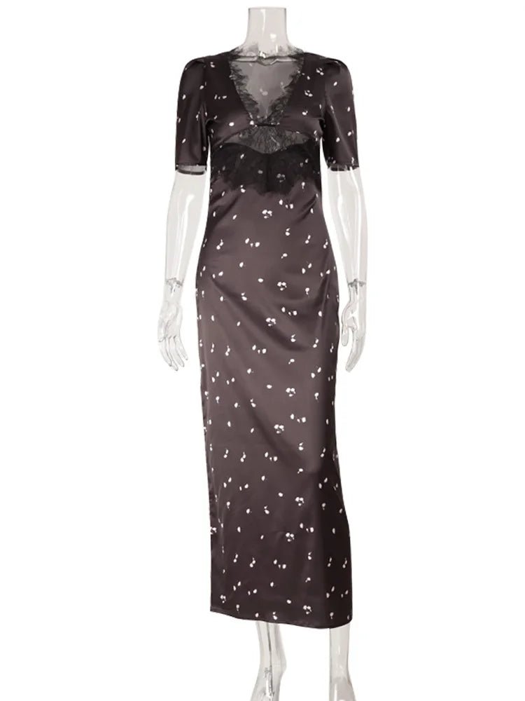 Lace Patchwork Printed Maxi Dresses For Women Fashion Sexy Streetwear Short Sleeves Slim Hollow Out Long Vestidos Robes Female - flohmarkt-deutschland.shop