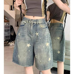Lässige Damenjeans mit Blumendruck, lockerem, weitem Bein, New American Retro Star Design, gerades Bein, bequeme Stretch-weiche Denim-Shorts - flohmarkt-deutschland.shop