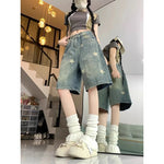 Lässige Damenjeans mit Blumendruck, lockerem, weitem Bein, New American Retro Star Design, gerades Bein, bequeme Stretch-weiche Denim-Shorts - flohmarkt-deutschland.shop
