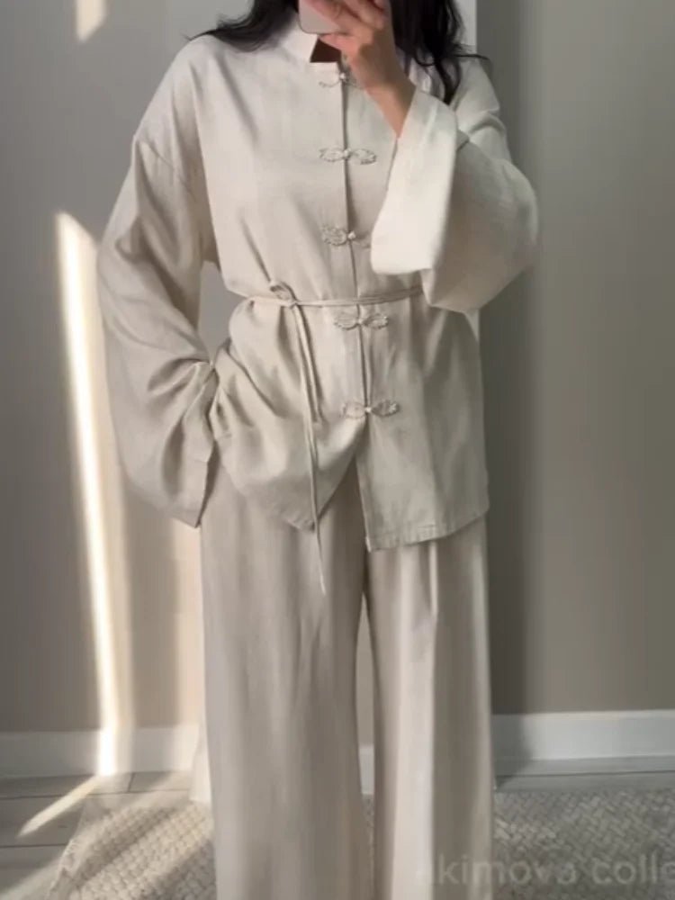 Lässiges chinesisches Hemd-Hosen-Set für Damen: Stehkragen, Langarm, Einreiher, lockere Hemden und Hosen, Streetwear-Outfit für Damen - flohmarkt-deutschland.shop