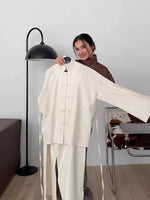 Lässiges chinesisches Hemd-Hosen-Set für Damen: Stehkragen, Langarm, Einreiher, lockere Hemden und Hosen, Streetwear-Outfit für Damen - flohmarkt-deutschland.shop