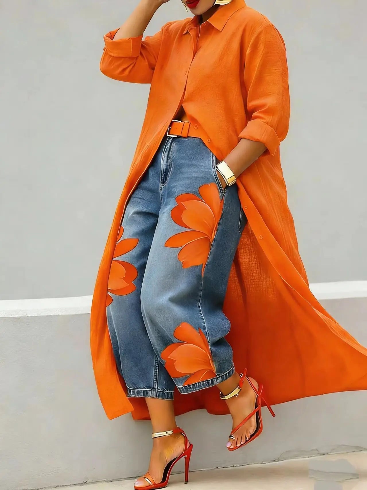 Lässiges Übergrößen-Hemd für Damen, Langes Knopfleisten-Hemd, Langarm, Locker Sitzende Maxi-Tunika-Bluse, Vorne Offene Strickjacke - flohmarkt-deutschland.shop