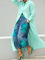 Lässiges Übergrößen-Hemd für Damen, Langes Knopfleisten-Hemd, Langarm, Locker Sitzende Maxi-Tunika-Bluse, Vorne Offene Strickjacke - flohmarkt-deutschland.shop