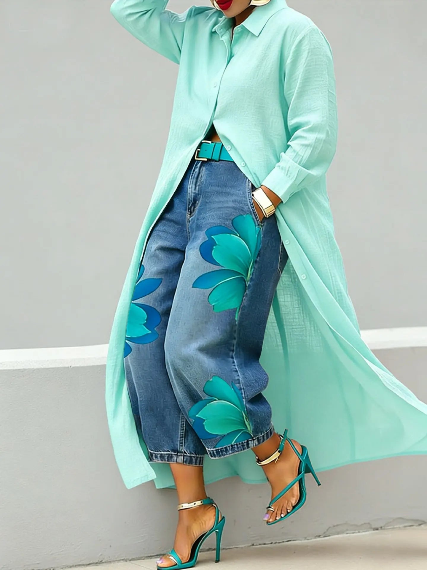 Lässiges Übergrößen-Hemd für Damen, Langes Knopfleisten-Hemd, Langarm, Locker Sitzende Maxi-Tunika-Bluse, Vorne Offene Strickjacke - flohmarkt-deutschland.shop