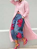 Lässiges Übergrößen-Hemd für Damen, Langes Knopfleisten-Hemd, Langarm, Locker Sitzende Maxi-Tunika-Bluse, Vorne Offene Strickjacke - flohmarkt-deutschland.shop