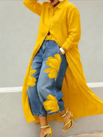 Lässiges Übergrößen-Hemd für Damen, Langes Knopfleisten-Hemd, Langarm, Locker Sitzende Maxi-Tunika-Bluse, Vorne Offene Strickjacke - flohmarkt-deutschland.shop