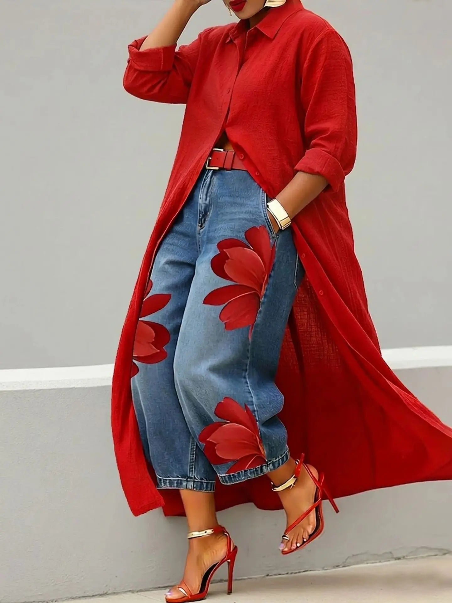 Lässiges Übergrößen-Hemd für Damen, Langes Knopfleisten-Hemd, Langarm, Locker Sitzende Maxi-Tunika-Bluse, Vorne Offene Strickjacke - flohmarkt-deutschland.shop