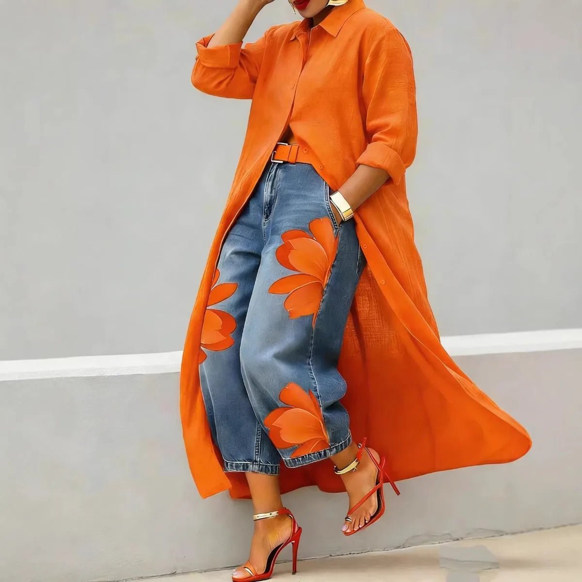 Lässiges Übergrößen-Hemd für Damen, Langes Knopfleisten-Hemd, Langarm, Locker Sitzende Maxi-Tunika-Bluse, Vorne Offene Strickjacke - flohmarkt-deutschland.shop