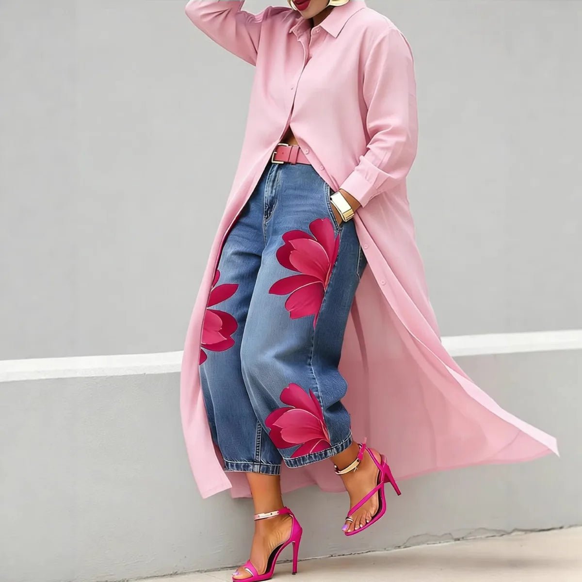 Lässiges Übergrößen-Hemd für Damen, Langes Knopfleisten-Hemd, Langarm, Locker Sitzende Maxi-Tunika-Bluse, Vorne Offene Strickjacke - flohmarkt-deutschland.shop