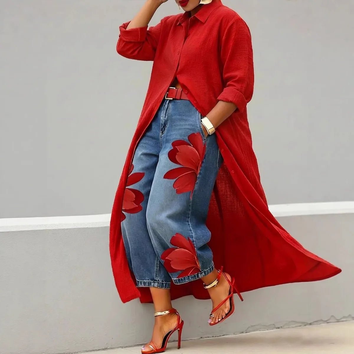 Lässiges Übergrößen-Hemd für Damen, Langes Knopfleisten-Hemd, Langarm, Locker Sitzende Maxi-Tunika-Bluse, Vorne Offene Strickjacke - flohmarkt-deutschland.shop