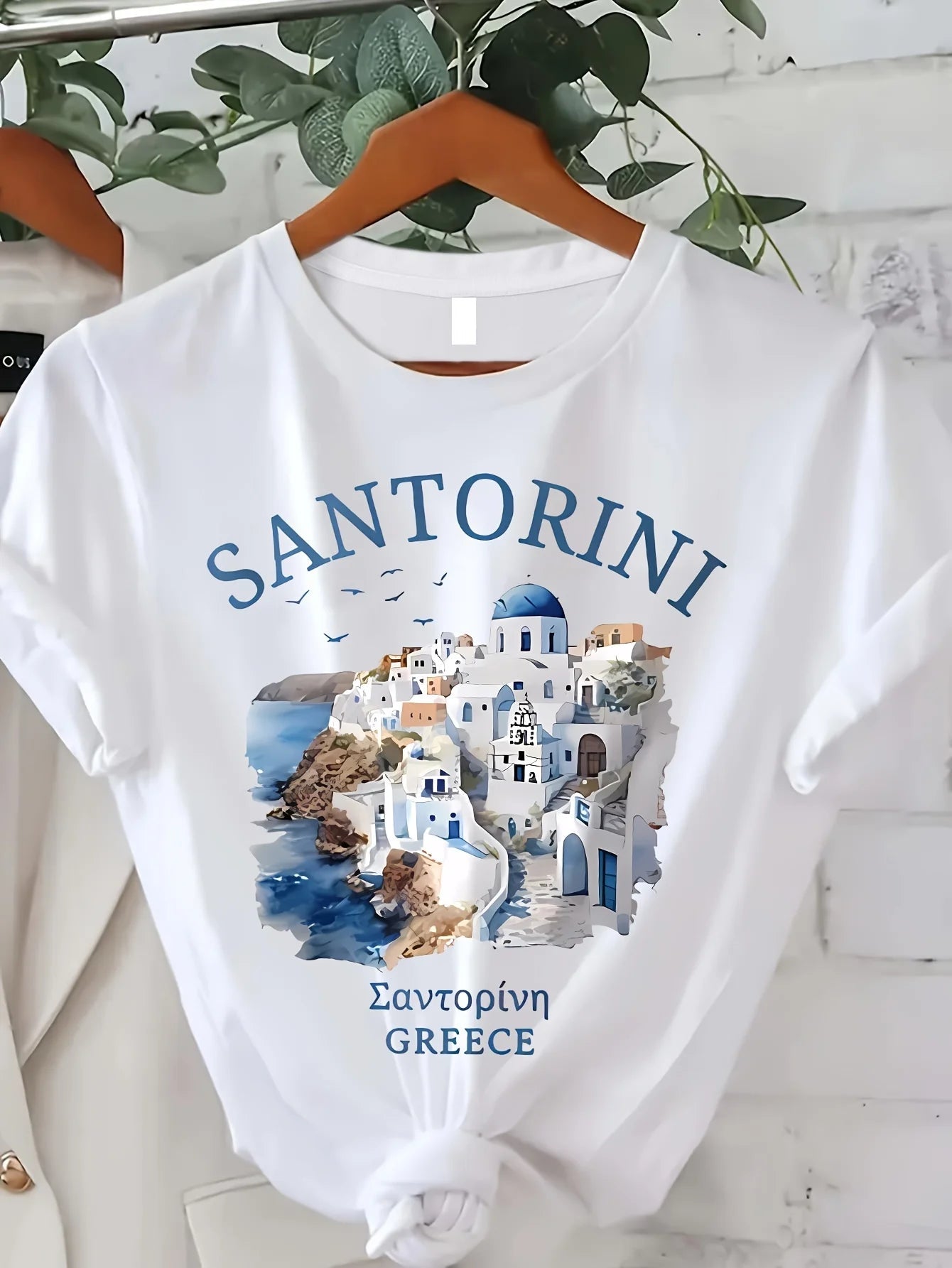Lebhaftes Santorini-T-Shirt mit Grafikdruck, Rundhalsausschnitt, atmungsaktiv, kurzärmelig, lässig, Sommer und Frühling – modische Damenbekleidung - flohmarkt-deutschland.shop