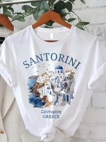Lebhaftes Santorini-T-Shirt mit Grafikdruck, Rundhalsausschnitt, atmungsaktiv, kurzärmelig, lässig, Sommer und Frühling – modische Damenbekleidung - flohmarkt-deutschland.shop