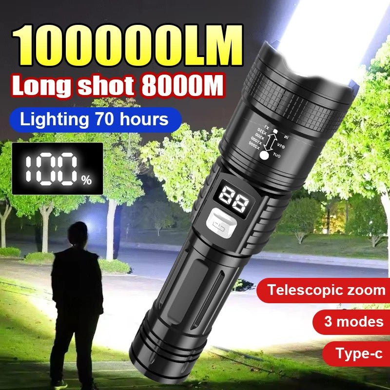 LED Taschenlampe 100000LM USB-C wiederaufladbar wasserdicht Camping - flohmarkt-deutschland.shop