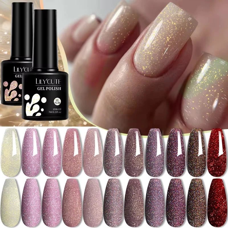 LILYCUTE Gold Aurora Glitter Gel Nagellack Frühling Nude Farbe Langlebig Französisch Für Maniküre Soak Off Nail art UV Gel Lack - flohmarkt-deutschland.shop