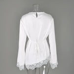 Linad Elegante Weiße Spitzenbluse mit Trompetenärmeln für Damen 2026 Vintage Satin Asymmetrische Hemden Lässige O-Ausschnitt Pullover Tops - flohmarkt-deutschland.shop