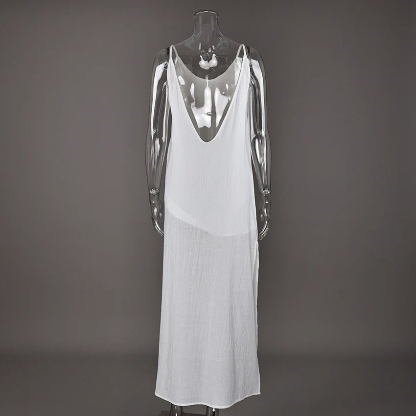 Linad Summer Casual White Long Dress Sexy Loose Backless Split Dresses Woman Street Chic V Neck Straight Dress For Women 2025 - flohmarkt-deutschland.shop