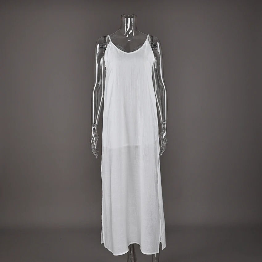 Linad Summer Casual White Long Dress Sexy Loose Backless Split Dresses Woman Street Chic V Neck Straight Dress For Women 2025 - flohmarkt-deutschland.shop