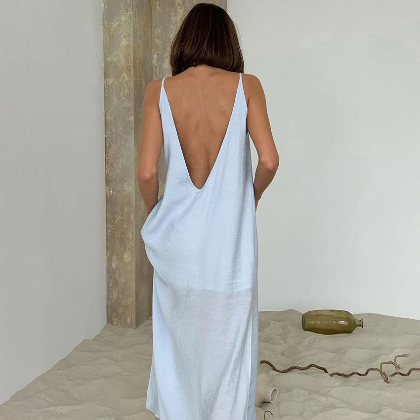 Linad Summer Casual White Long Dress Sexy Loose Backless Split Dresses Woman Street Chic V Neck Straight Dress For Women 2025 - flohmarkt-deutschland.shop