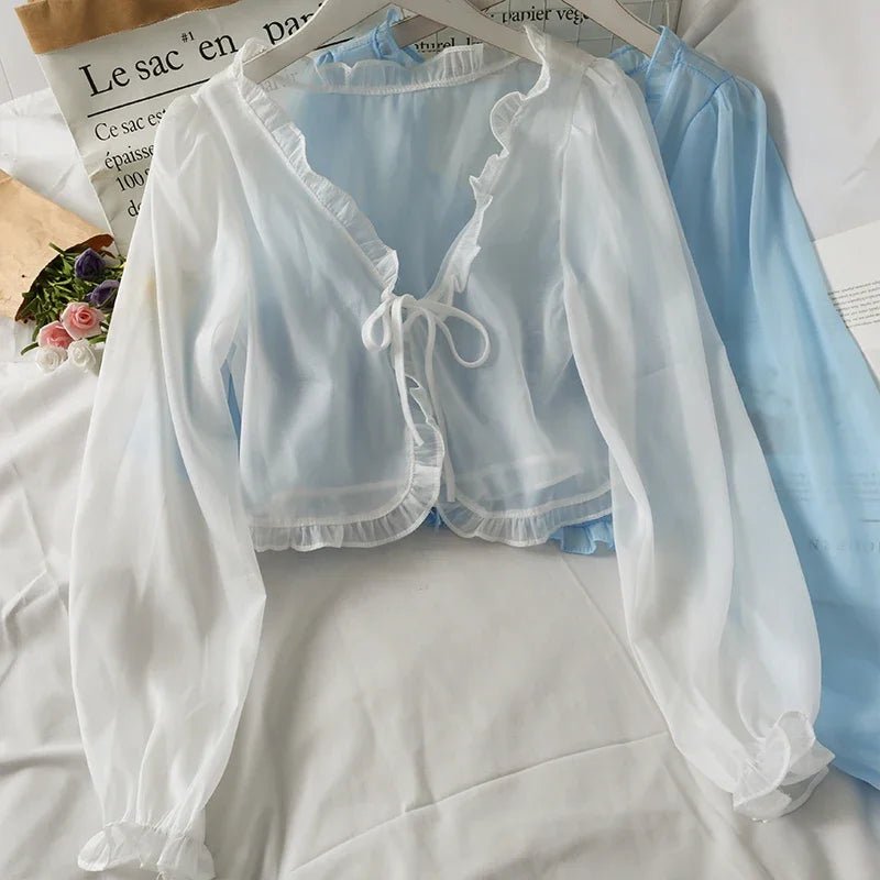 Long Sleeve Thin Breathable T-shirts Women Lace Bow Cardigan Blouse Clothing Ruffles Sun-protection Outwear Blouse For Covers - flohmarkt-deutschland.shop