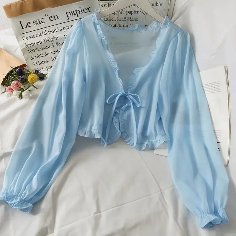 Long Sleeve Thin Breathable T-shirts Women Lace Bow Cardigan Blouse Clothing Ruffles Sun-protection Outwear Blouse For Covers - flohmarkt-deutschland.shop