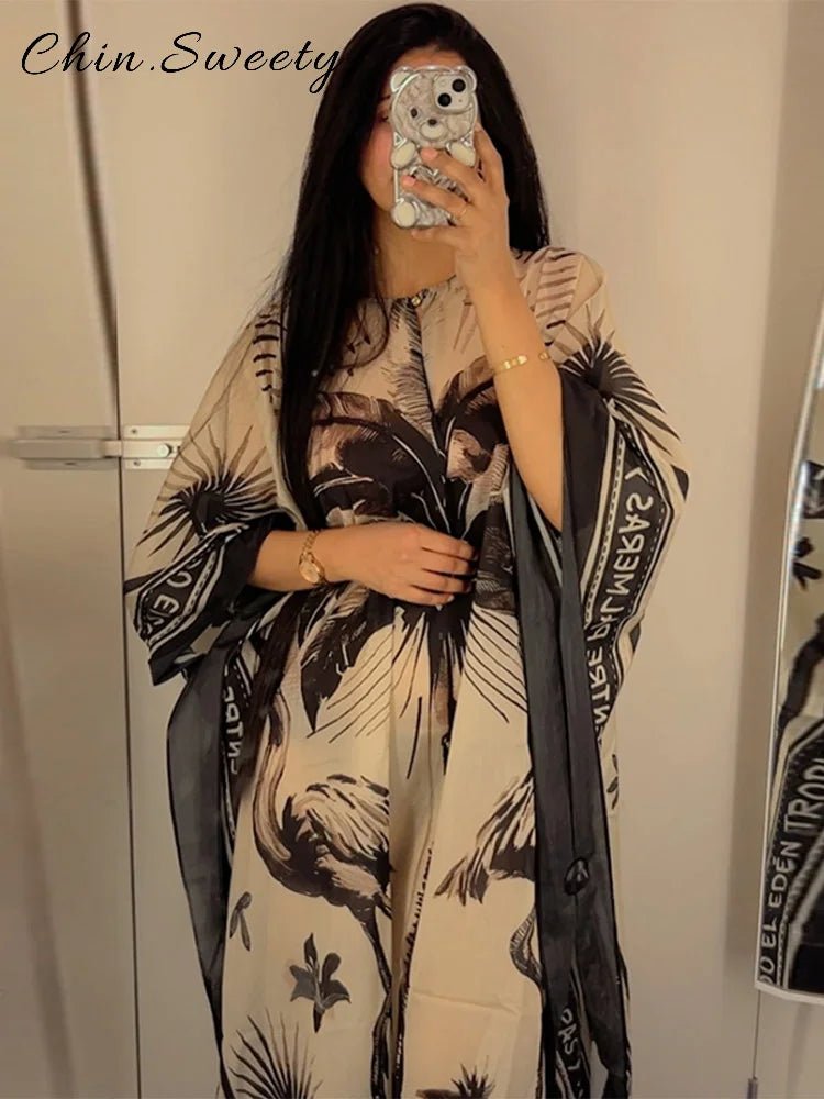 Lose Druck Gefaltete Lange Kleider Frauen Elegante Oansatz Volle Hülse Weibliche Urlaub Kleider 2025, Sommer Dame Dubai Mode Roben - flohmarkt-deutschland.shop