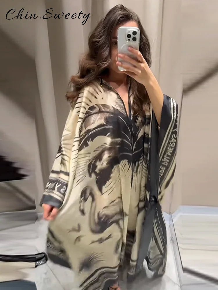 Lose Druck Gefaltete Lange Kleider Frauen Elegante Oansatz Volle Hülse Weibliche Urlaub Kleider 2025, Sommer Dame Dubai Mode Roben - flohmarkt-deutschland.shop