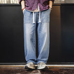 Maden Herren-Jeans aus gewaschenem Denim, weites Bein, gerade geschnitten, elastischer Bund mit Kordelzug, lockere Passform, Freizeithose für Frühling und Herbst - flohmarkt-deutschland.shop
