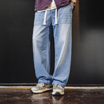 Maden Herren-Jeans aus gewaschenem Denim, weites Bein, gerade geschnitten, elastischer Bund mit Kordelzug, lockere Passform, Freizeithose für Frühling und Herbst - flohmarkt-deutschland.shop
