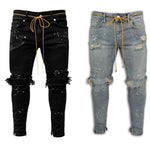 Men Long Jeans Pants Denim Pencil Pant Hole Splice Simple Slim Fit Zipper Lace Up Tight Waist Straight Trousers Autumn - flohmarkt-deutschland.shop